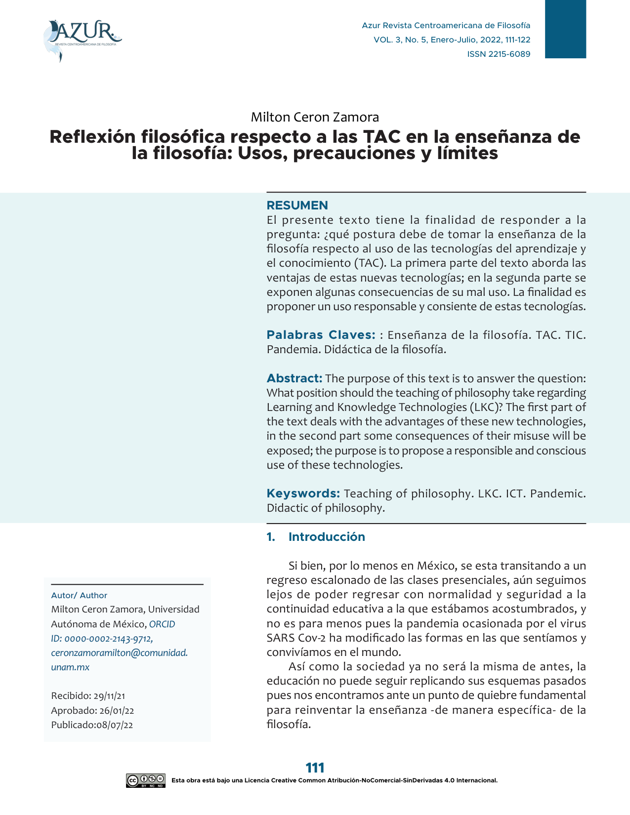 Portada Oficial: Reflexión sobre las TAC — Milton Cerón Zamora